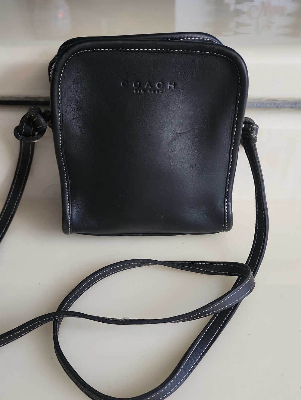 Coach Black  VintageLeather Mini Crossbody Messenger Bag with Contrast Stitching